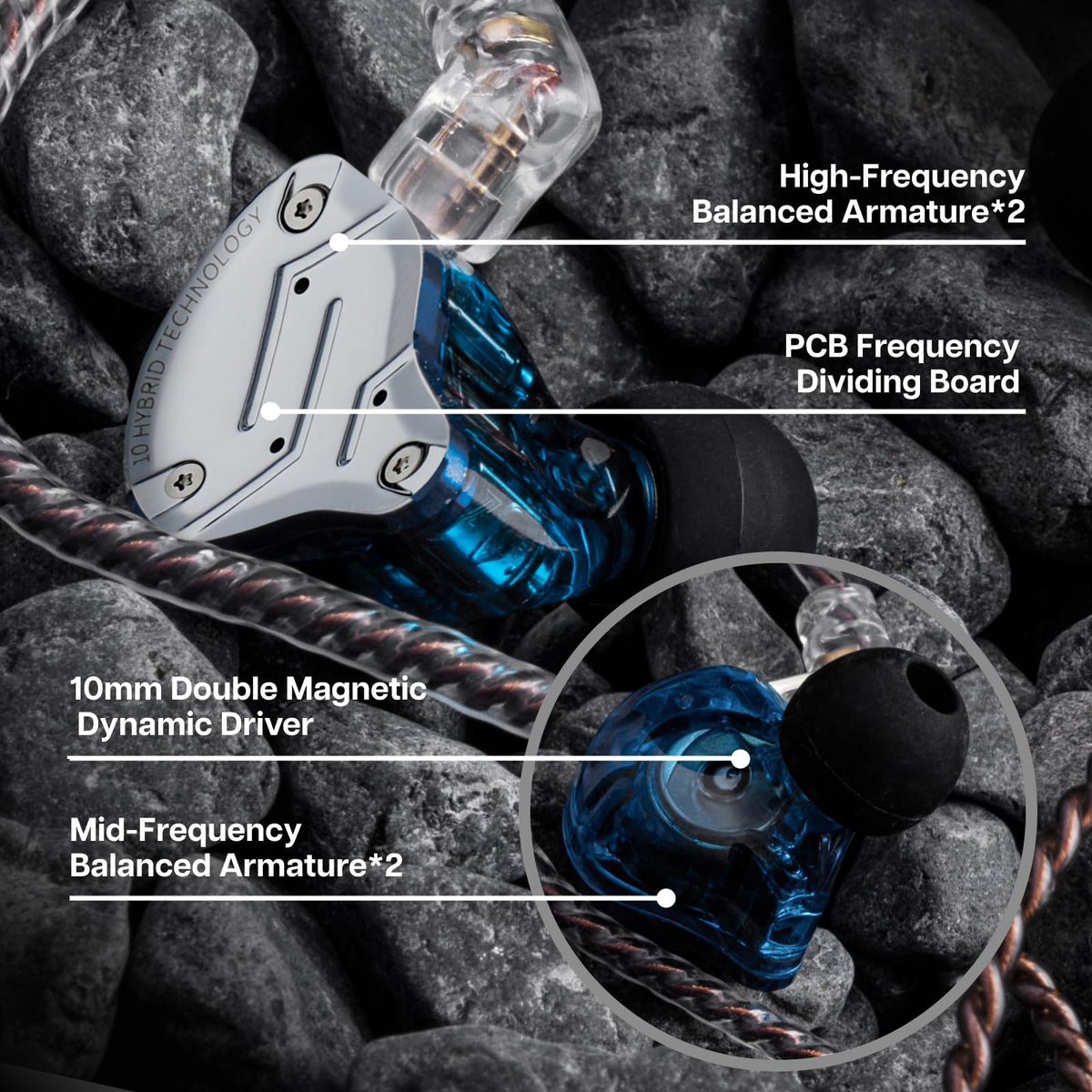 Linsoul KZ ZS10 Pro, 4BA+1DD 5 Driver in Ear Monitor, HiFi Wired Earbuds, Gaming Earbuds, Hybrid IEM Earphones with Stainless Steel Faceplate, Detachable Cable for Musician(with Mic, Dark Black)