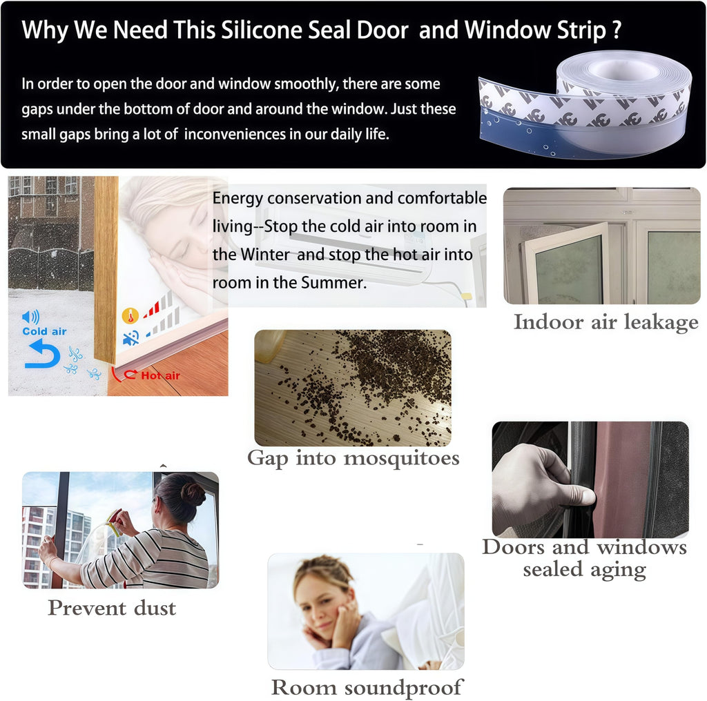 Silicone Seal Door Strip Bottom - 8M/26ft (W: 35MM) Silicone Sealing Sticker Self Adhesive Weather Stripping for Gaps of House, Glass Shower, Window and Door, Weatherproof Soundproof Insect Proof