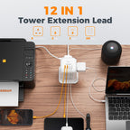 TESSAN 8 Way Black Tower Extension Lead 2M with 4 USB Slots (2 USB C)