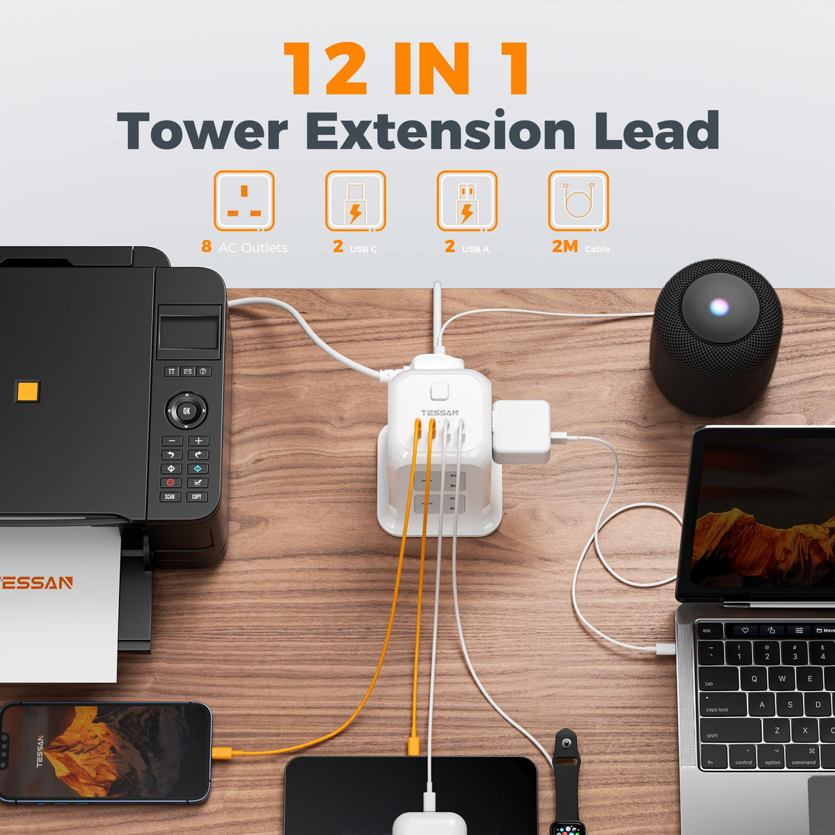 TESSAN 8 Way Black Tower Extension Lead 2M with 4 USB Slots (2 USB C)