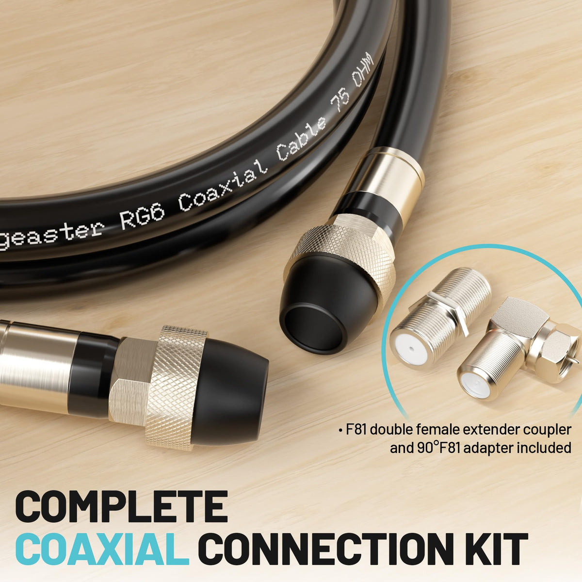 energeaster 10FT RG6 Coaxial Cable with Waterproof Rubber Boot, Black