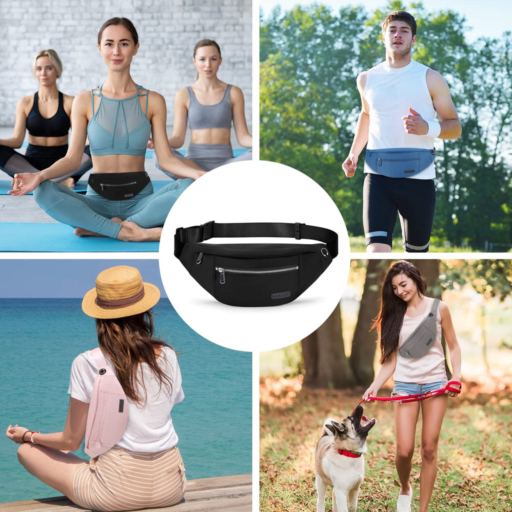 MAXTOP Large Bumbag Waist Fanny Pack Running Belt for Men Women Unisex Bum Bag with Headphone Jack and 4-Zipper Pockets Adjustable Belt for Travel Running Jogging Workout Hiking Gifts All Black