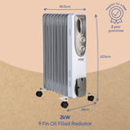 Russell Hobbs 2000W/2KW Oil Filled Radiator, 9 Fin Portable Electric Heater - White, Adjustable Thermostat with 3 Heat Settings, Safety Cut-off, 20 m sq Room Size, RHOFR5002, 2 Year Guarantee