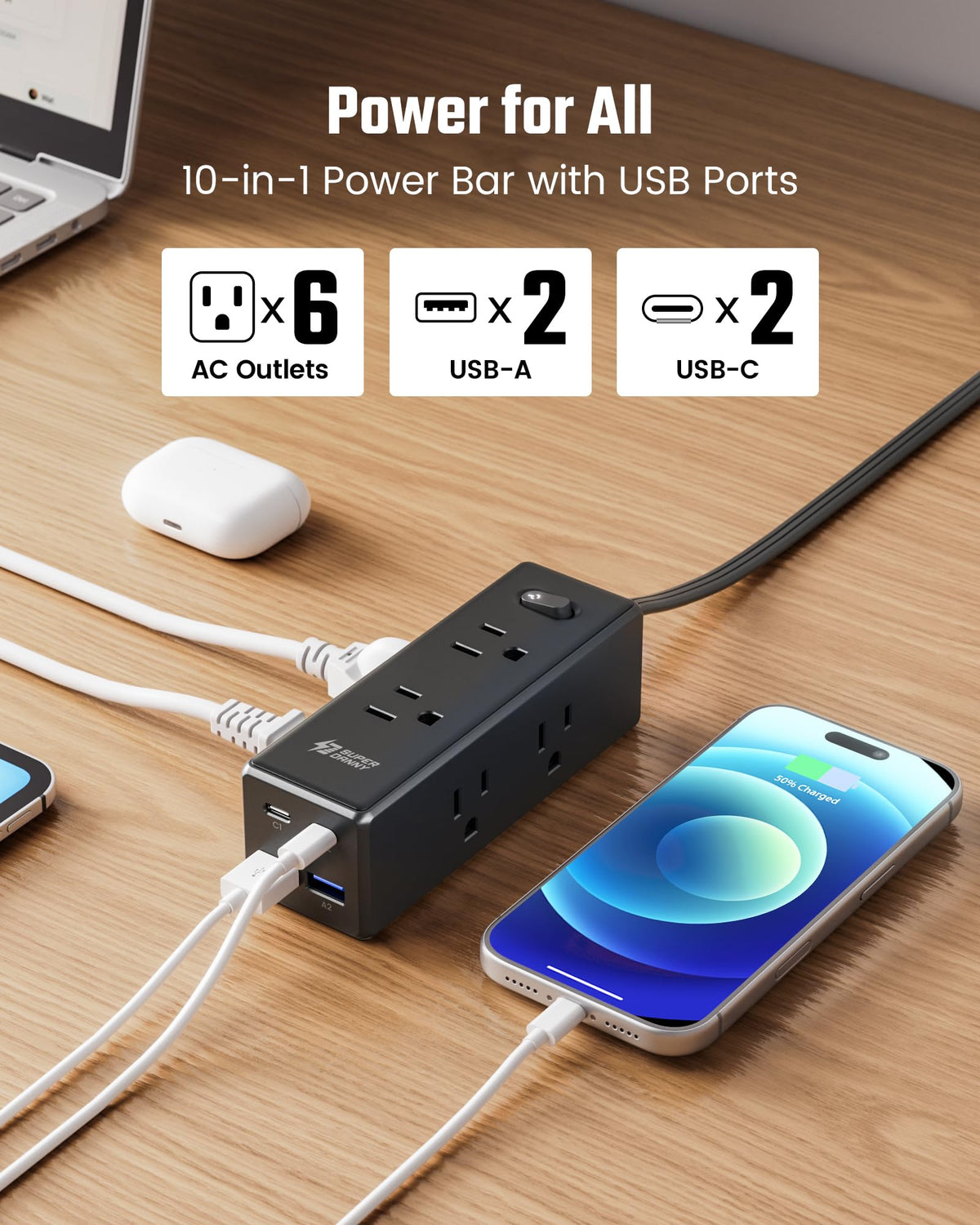 SUPERDANNY 15Ft Extension Cord with Multiple Outlets, Flat Plug Power Strip