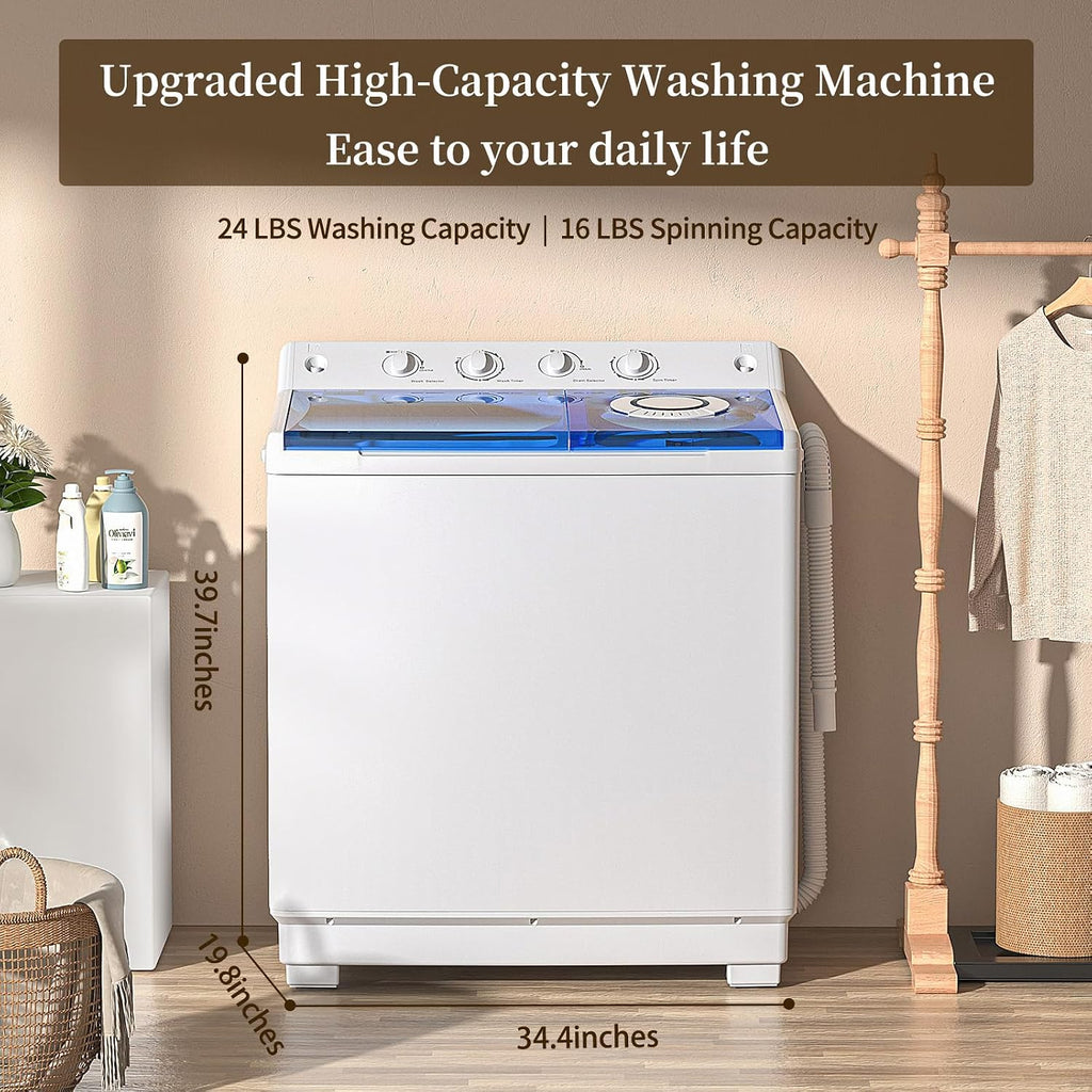 VCJ Portable Washing Machine, Twin Tub Washing Machine Laundry Compact Washer spinner Combo with 40lbs capacity, 24Lbs Washer and 16Lbs Spinner dryer for Apartments RVs and Dorms