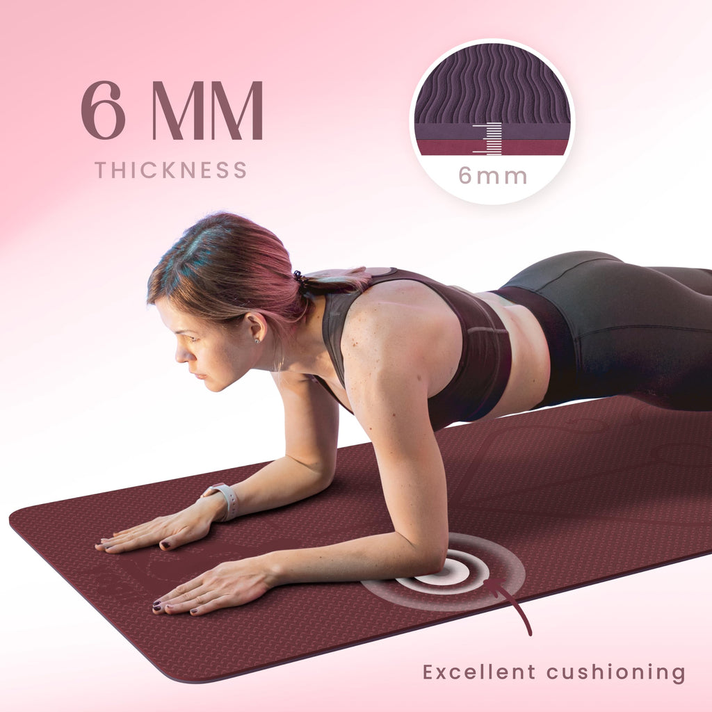 Yogii Yoga Mat - Non-Slip 6mm Thick TPE & Travel-friendly Yoga Mat - Perfect for Home & Gym Exercise Fitness & Pilates - With Laser Alignment Guides for Men & Women