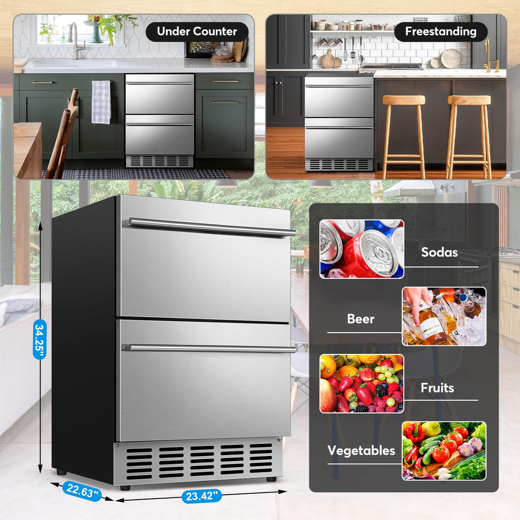 24" Dual Zone Wine and Beverage Refrigerator, Under Counter with Glass Door