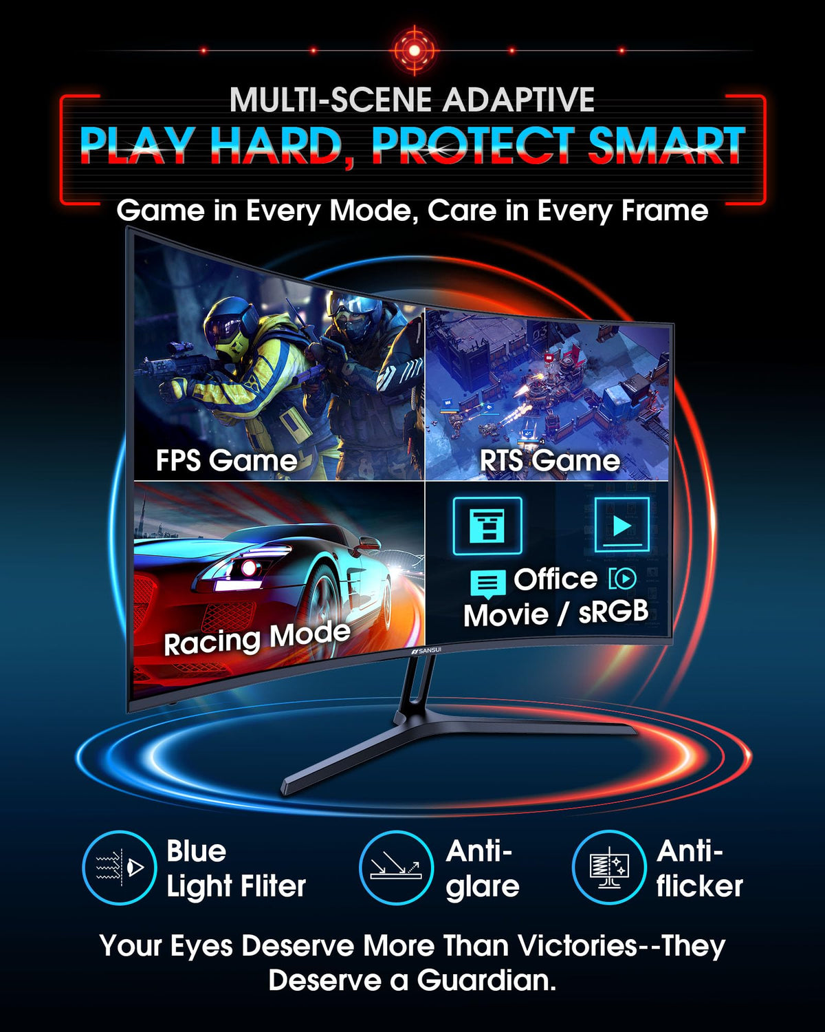SANSUI 24 Inch Gaming Monitor 200Hz 1Ms FreeSync HDR 110% sRGB FHD 1080P Computer Monitor HDMI DP Ports Eye Care Frameless VESA Mount Cable Management(ES-G24F4L HDMI Cable Included)