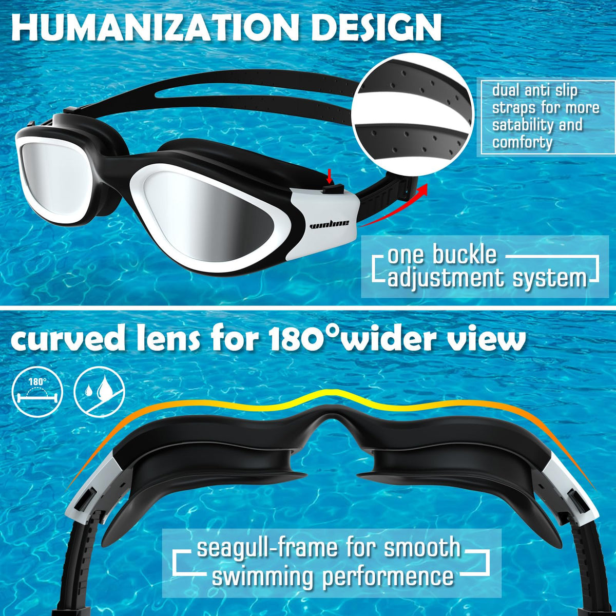 Winline Adult Swimming Goggles,Open Water Goggles Swimming Anti Fog UV Protection No Leakage Clear Vision Easy to Adjust for Adults Men Women Teenagers