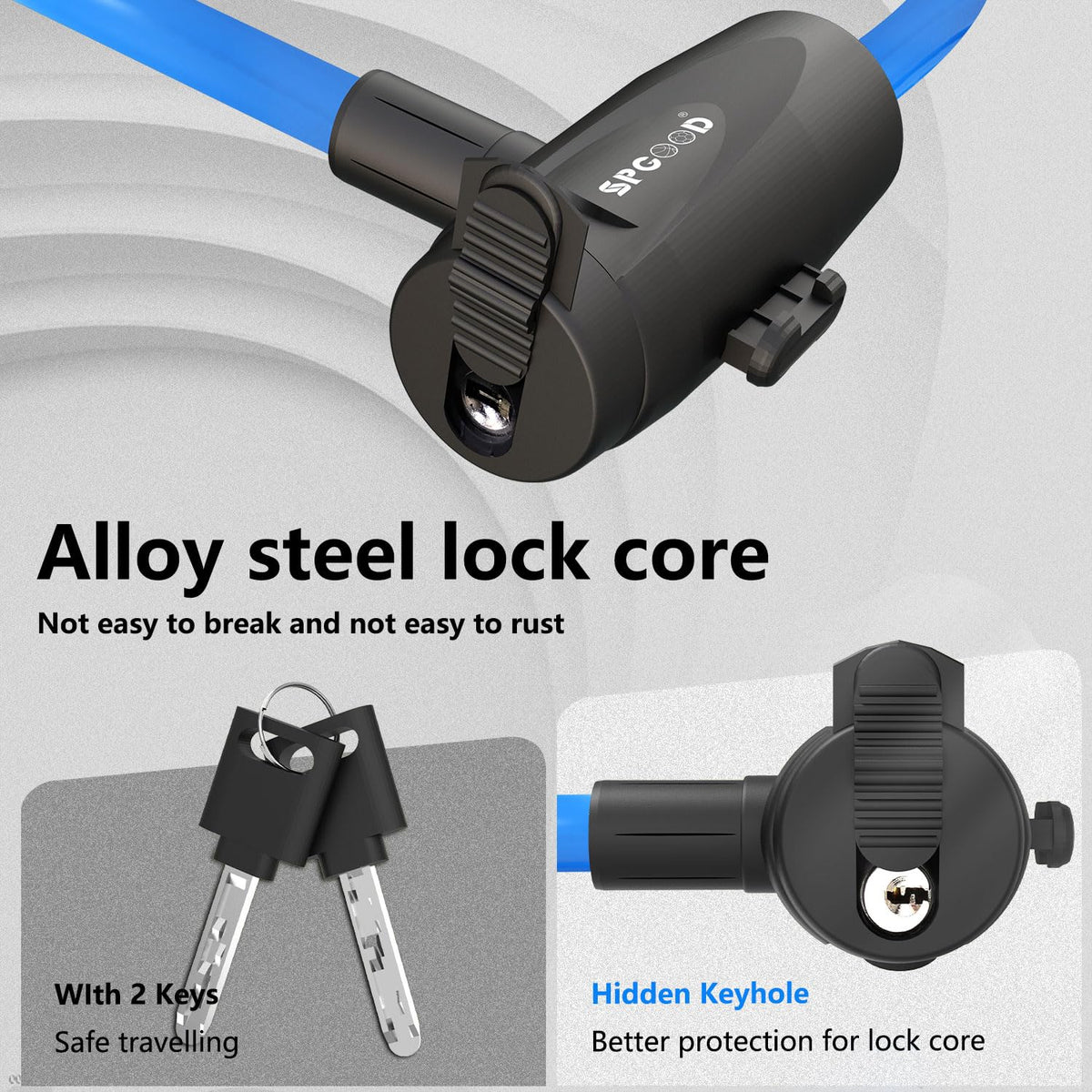 SPGOOD Bike Lock with 2 Keys, 12 mm Steel Cable Lock, 120 cm Length