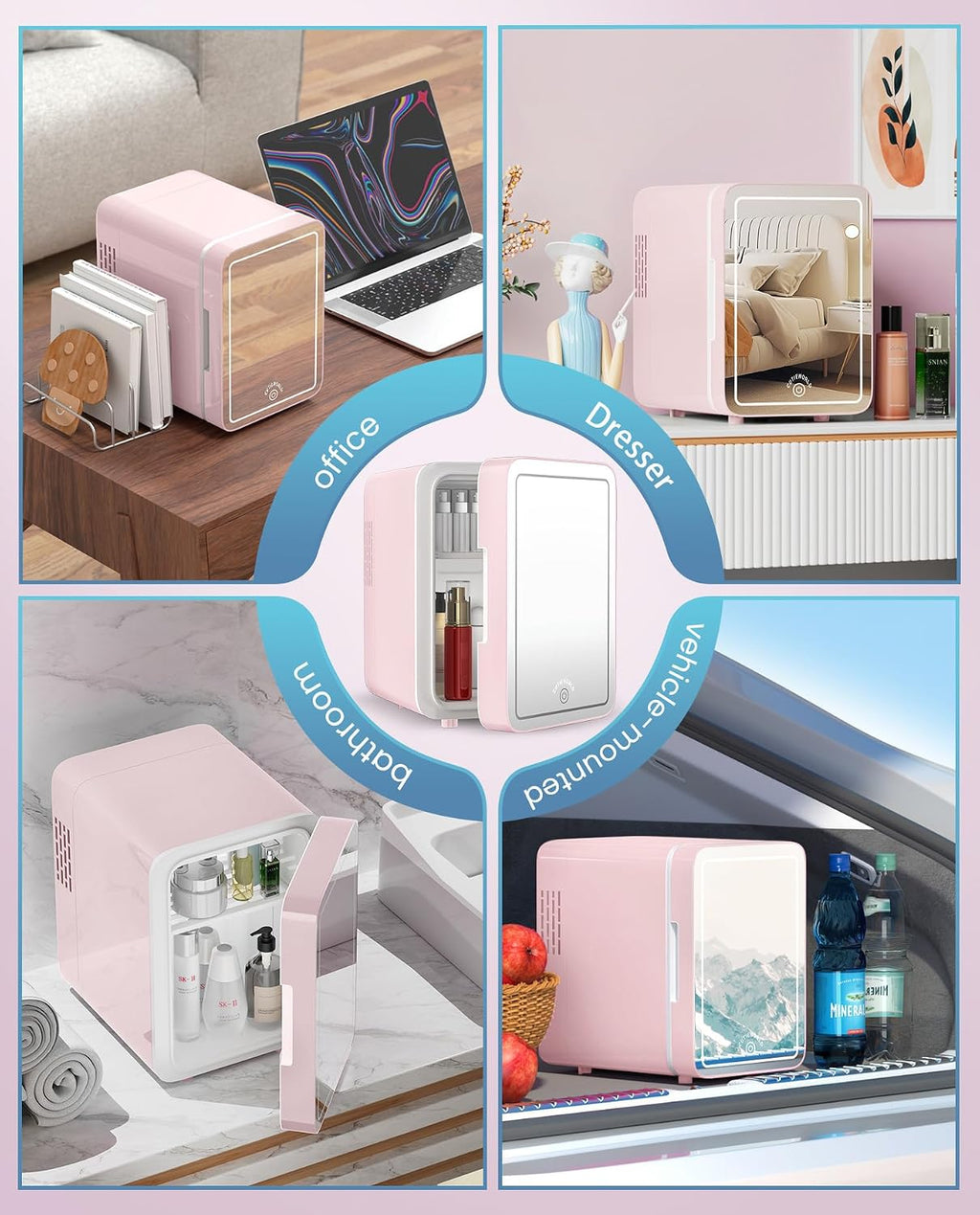 CUTIEWORLD Skincare Fridge - 4L Makeup Fridge for Refrigerating Makeup, Skincare and Food, Mini Fridge for Bedroom, Office and Car, Cooler and Warmer, Beverage Cooler, Leather Pink