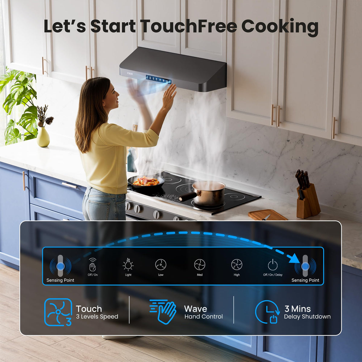 VIKIO HOME 30 Inch Under Cabinet Range Hood, 980CFM Fast Venting Ducted, Kitchen Hood With 3 Speed Gesture Sensing & Touch Control, Stainless Steel Stove Hood With LED Light And 2 Baffle Filters