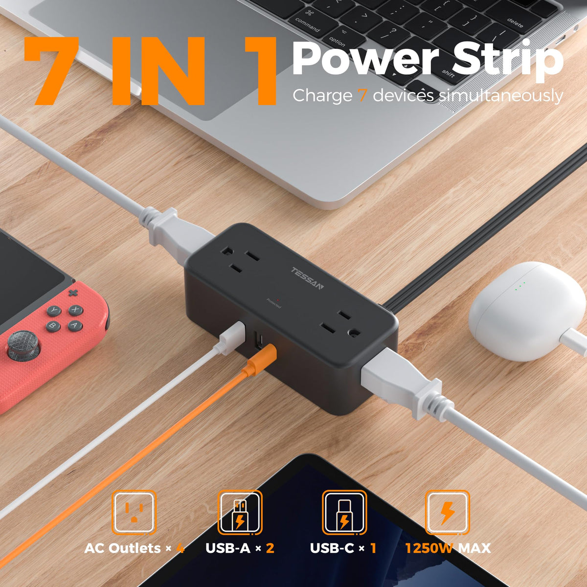 TESSAN Extension Cord 10 FT, Power Strip with 900J Surge Protection, Grey