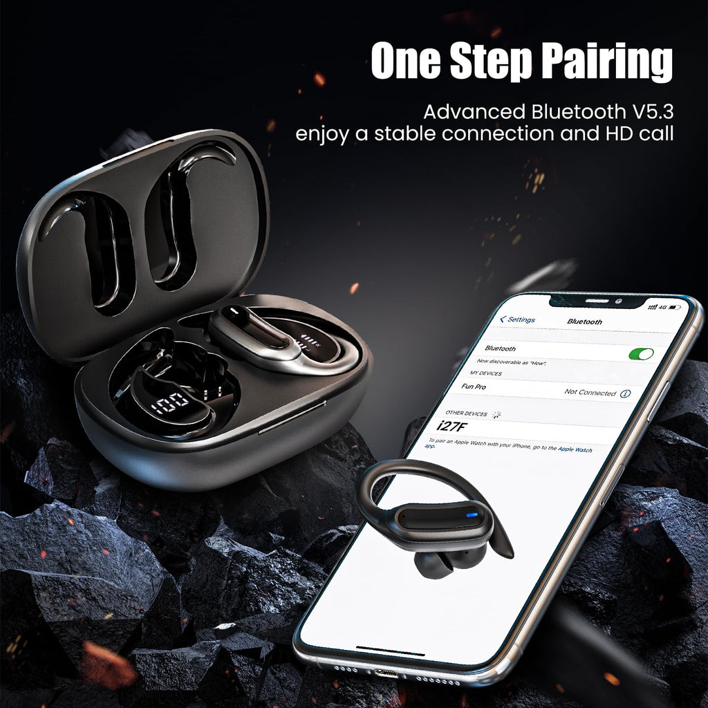 Wireless Earbuds Bluetooth Headphones, 54H Playtime Stereo Over Ear Buds with ENC Noise Cancelling, LED Power Display, IPX7 Waterproof Sport Earphones with Earhooks for Running/Workouts (Black)