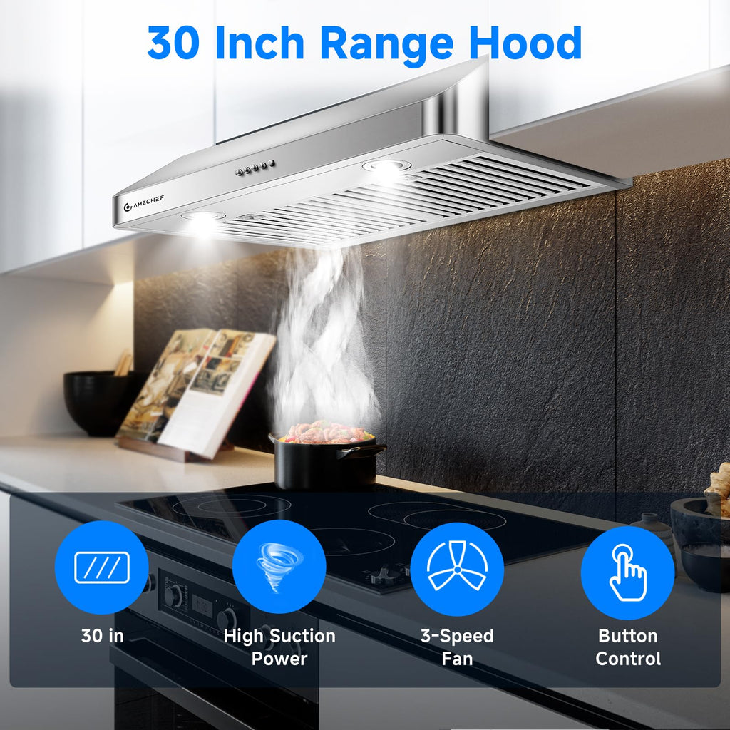 AMZCHEF 30" Under Cabinet Range Hood, 750CFM Stainless Steel Vent Hood