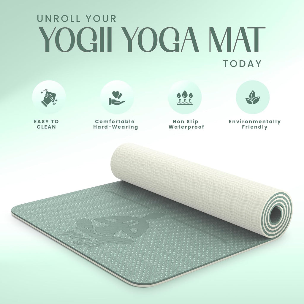 Yogii Yoga Mat - Non-Slip 6mm Thick TPE & Travel-friendly Yoga Mat - Perfect for Home & Gym Exercise Fitness & Pilates - With Laser Alignment Guides for Men & Women