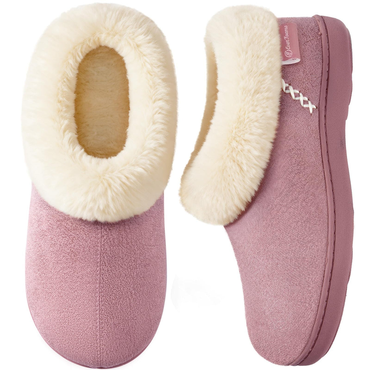 EverFoams Women's Suede Bootie Slippers Fuzzy Plush Collar Memory Foam