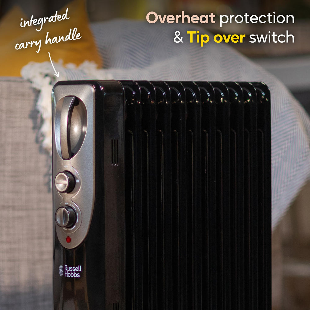 Russell Hobbs 2000W/2KW Oil Filled Radiator, 9 Fin Portable Electric Heater - White, Adjustable Thermostat with 3 Heat Settings, Safety Cut-off, 20 m sq Room Size, RHOFR5002, 2 Year Guarantee