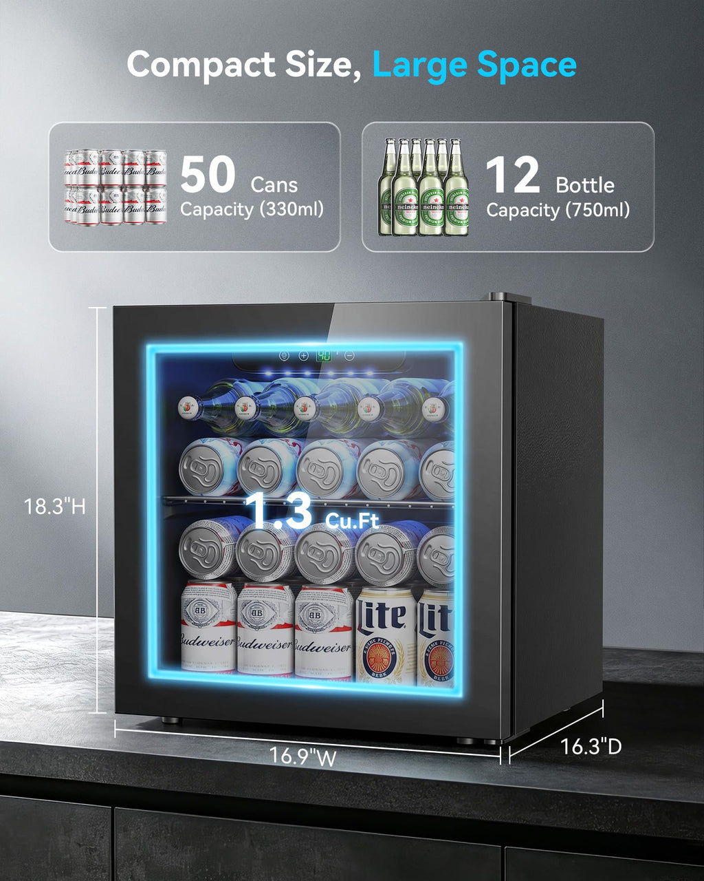 Feelfunn 2.6CuFt Beverage Refrigerator, 95 Can Mini Fridge with Glass Door