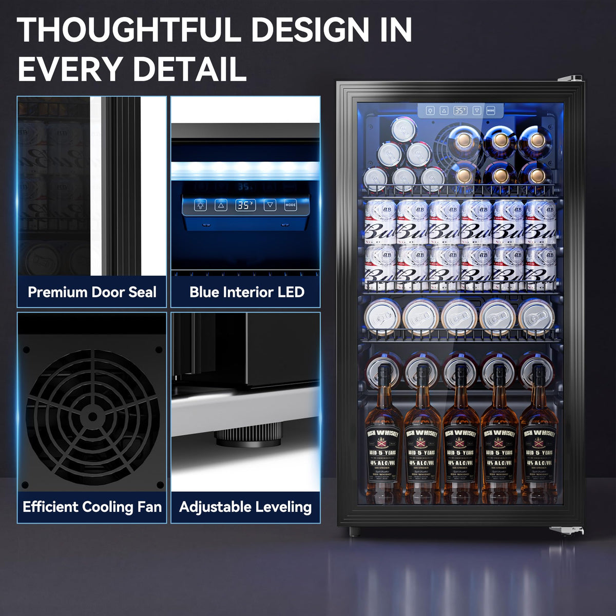 2.5 Cu.Ft Beverage Fridge, Glass Door Mini Fridge, Silver, 96 Can