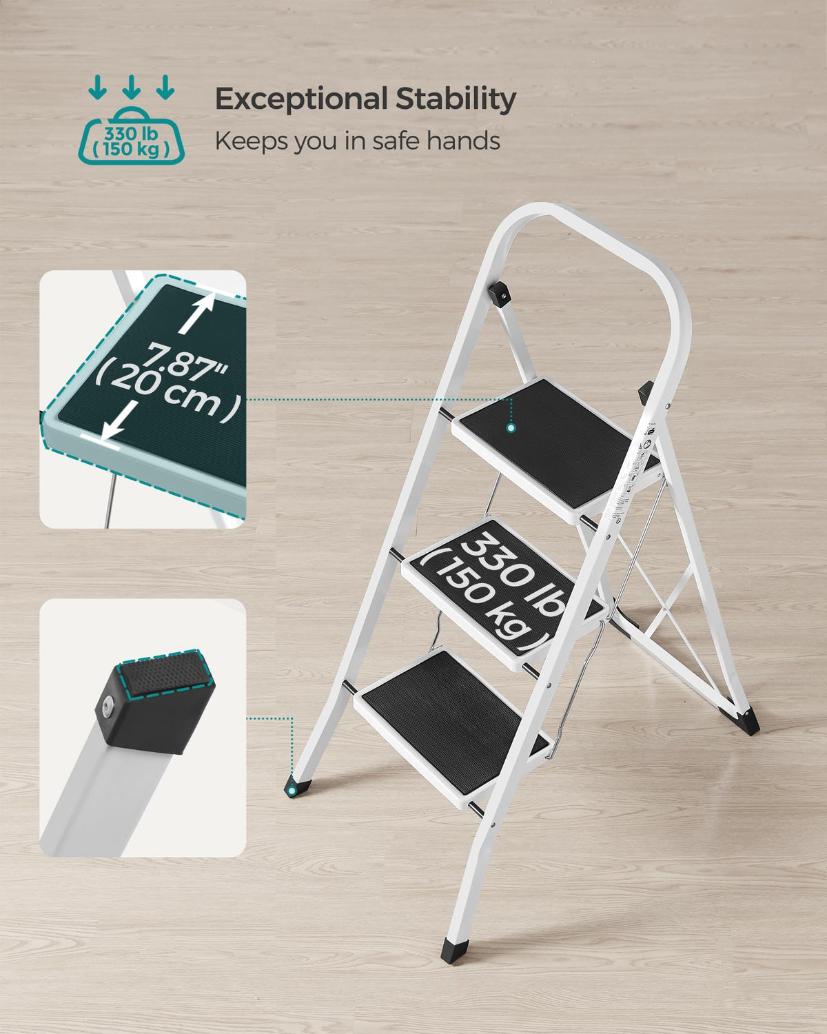 SONGMICS 3-Step Ladder, Folding Step Ladder, Safety, Holds up to 150KG