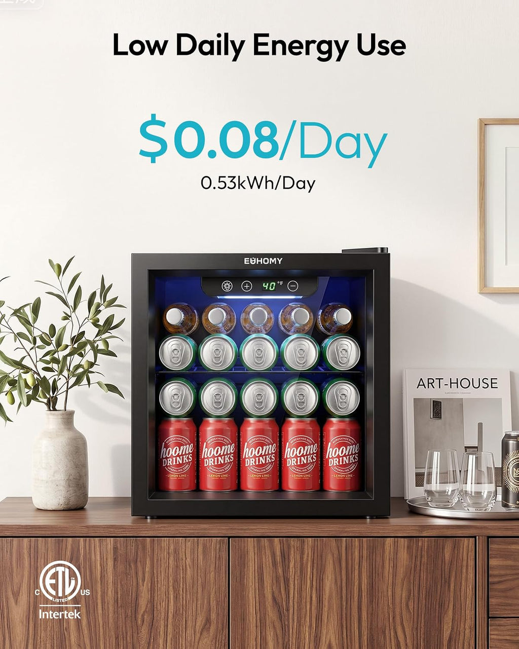 EUHOMY 24 Can Mini Fridge, 18L Beverage Refrigerator with Quiet Compressor