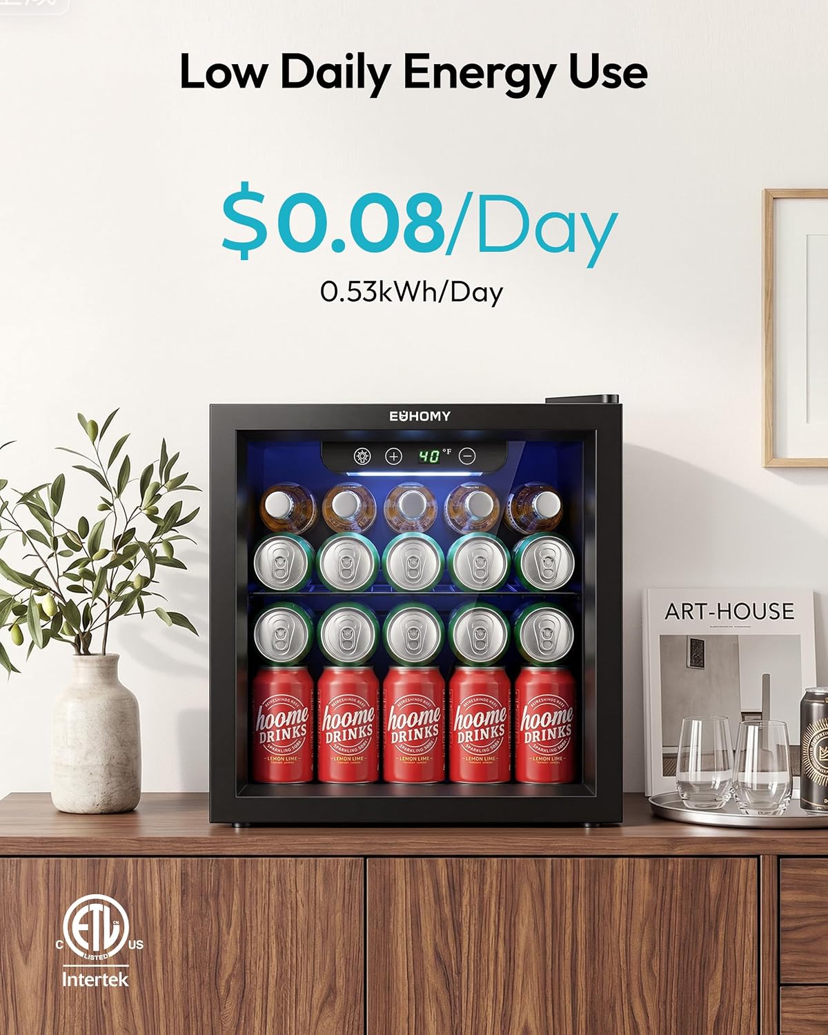 EUHOMY 24 Can Mini Fridge, 18L Beverage Refrigerator with Quiet Compressor