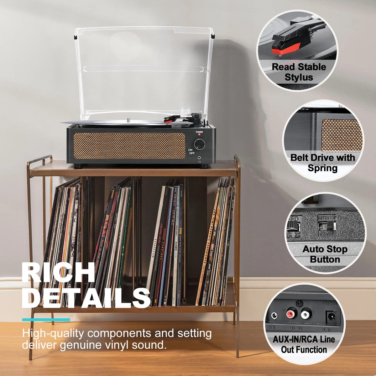 Seasonlife® Retro Vinyl Record Player with Stereo Speakers,Walnut Brown