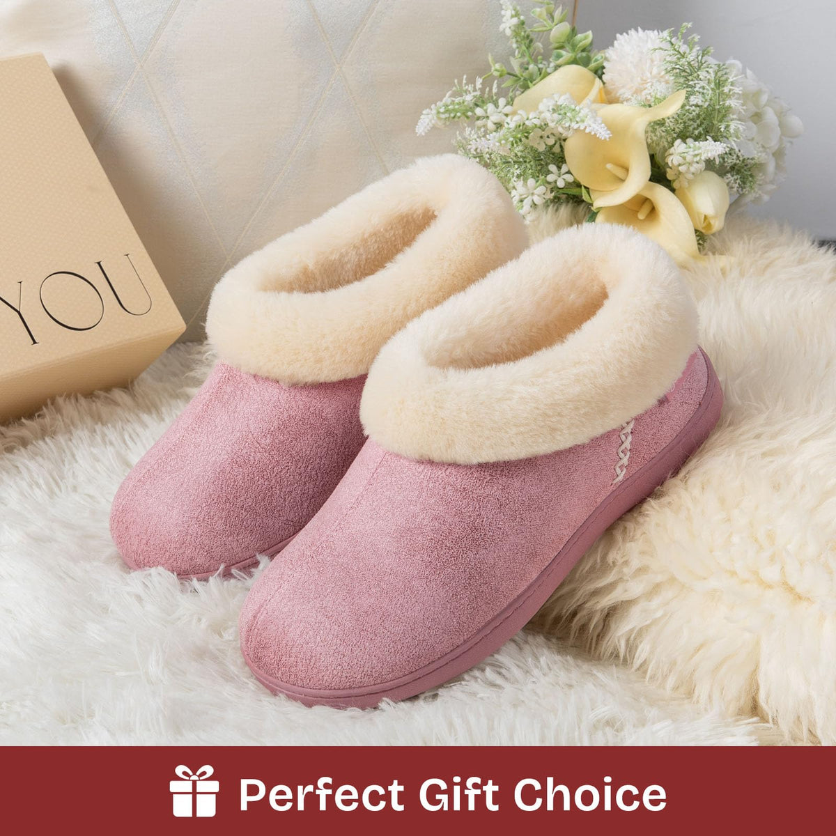EverFoams Women's Suede Bootie Slippers Fuzzy Plush Collar Memory Foam