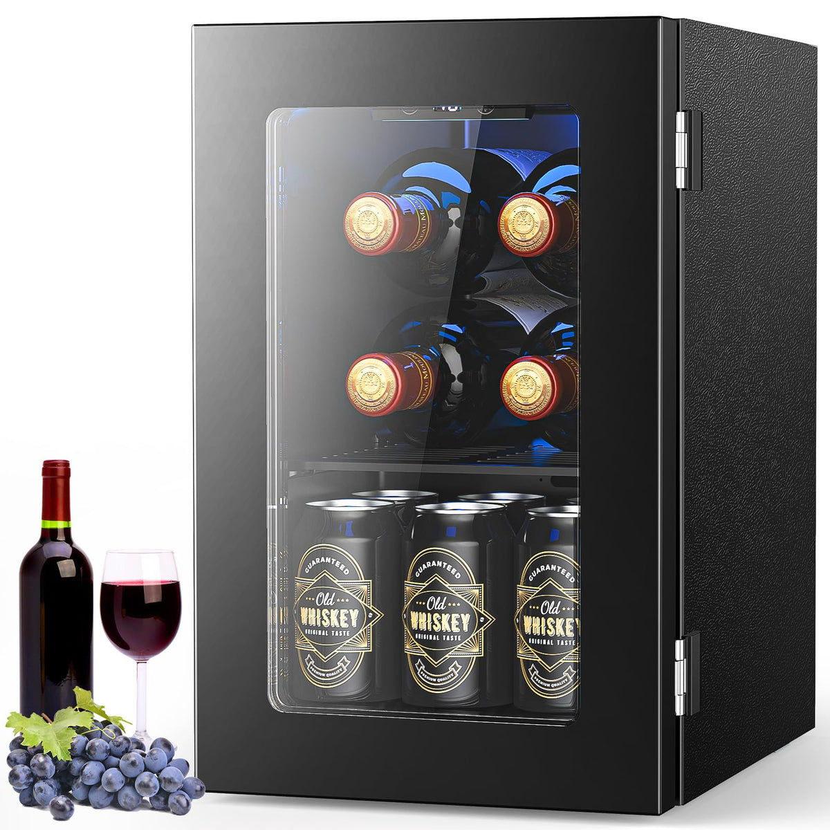 Electactic 48 Can Beverage Refrigerator,12 Bottle Wine Cooler with Seamless Stainless Steel & Glass Door, Digital Temperature Display, Countertop Mini Fridge for Soda, Wine or Beer, Silver