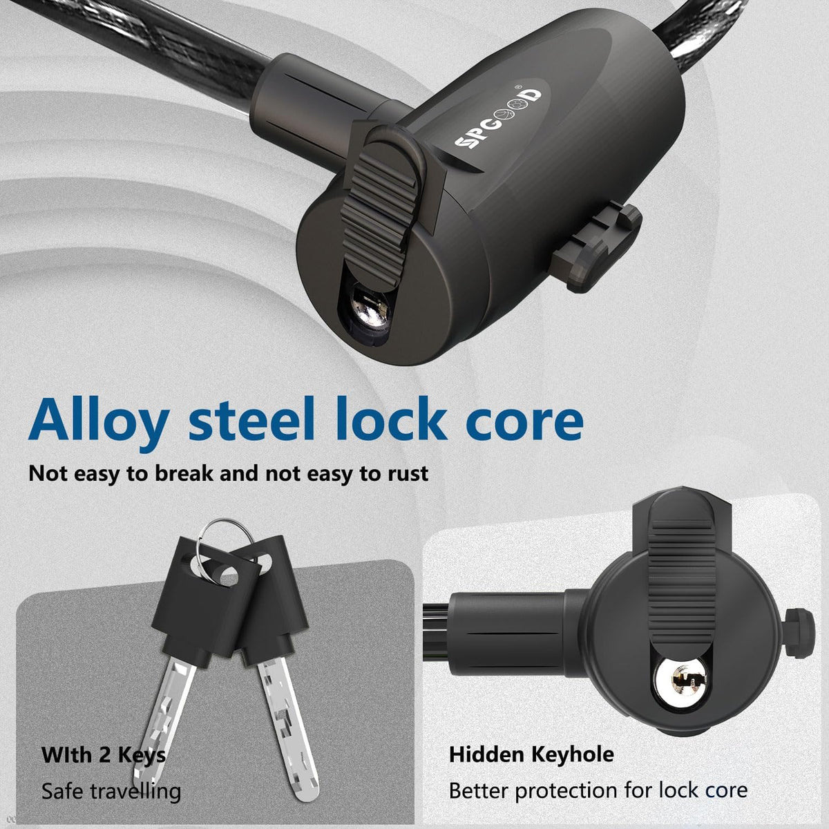 SPGOOD Bike Lock with 2 Keys, 12 mm Steel Cable Lock, 120 cm Length