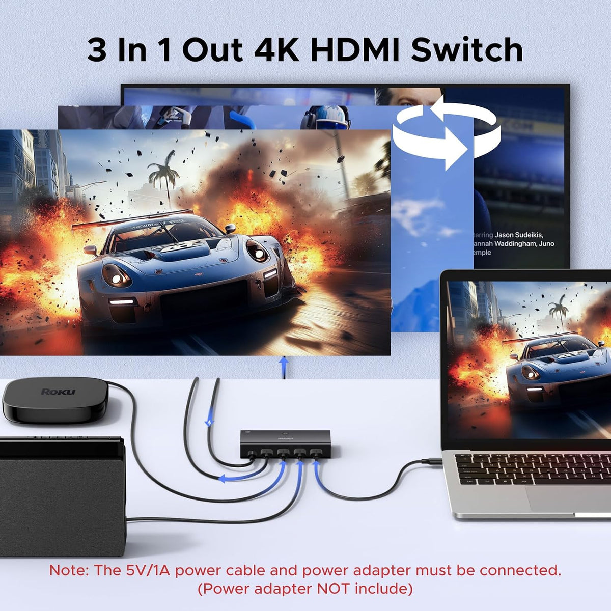 UGREEN HDMI Switch 3 in 1 Out, 4K@60Hz HDMI Splitter with Remote