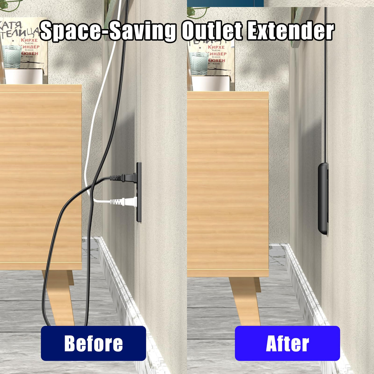 CABOCASA 3FT Flat Plug Extension Cord Power Strip 3 Outlets White Upward