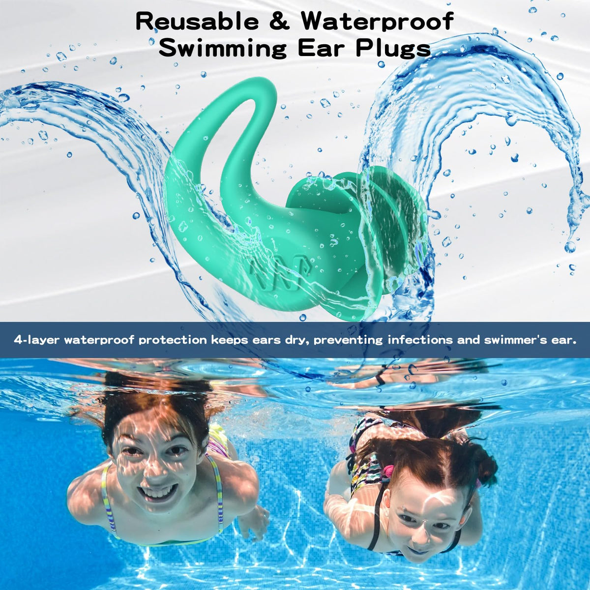 Swimming Ear Plugs for Kids,4 Pairs Reusable Silicone Ear Plugs Swimming