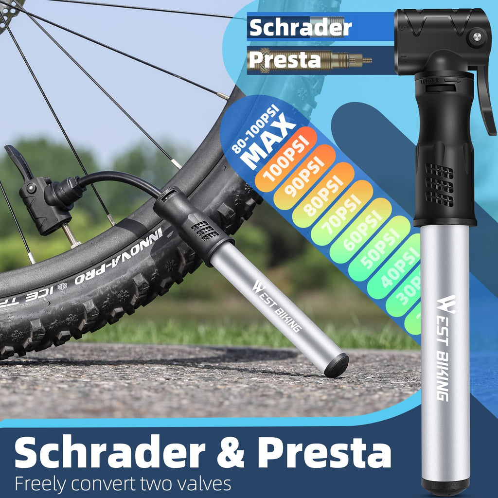 Bicycle Pump Mini Bike Pump Aluminum Alloy Cycle Pump for Presta & Schrader Valve, Portable Lightweight Bike Tyre Pump Fast Tyre Inflation Mini Air Pump For Mountain Road Bike Ball Pump