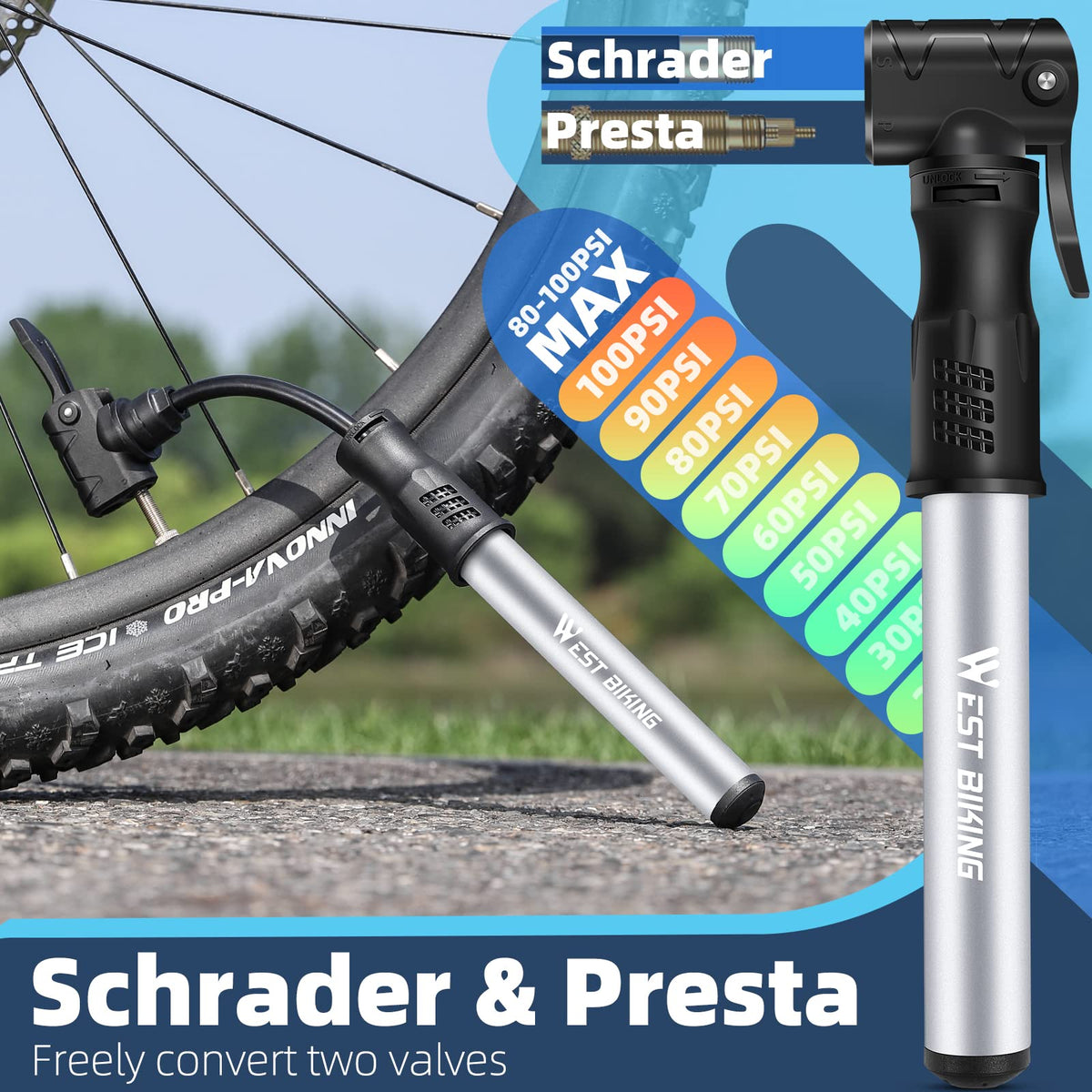 Bicycle Pump Mini Bike Pump Aluminum Alloy Cycle Pump for Presta & Schrader Valve, Portable Lightweight Bike Tyre Pump Fast Tyre Inflation Mini Air Pump For Mountain Road Bike Ball Pump