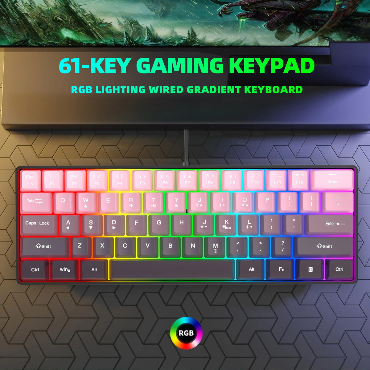 Snpurdiri 60% Wired Mechanical Gaming Keyboard, Ice Blue LED Backlit 61 Keys Mini Wired Office Keyboard for Windows Laptop PC Mac (Black-White, Red Switches)