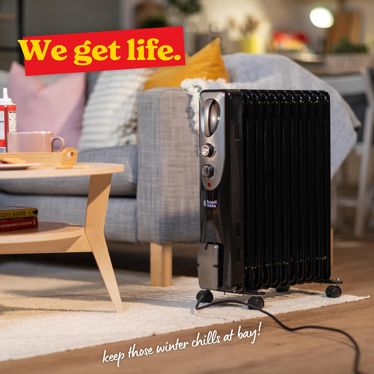 Russell Hobbs 2000W/2KW Oil Filled Radiator, 9 Fin Portable Electric Heater - White, Adjustable Thermostat with 3 Heat Settings, Safety Cut-off, 20 m sq Room Size, RHOFR5002, 2 Year Guarantee