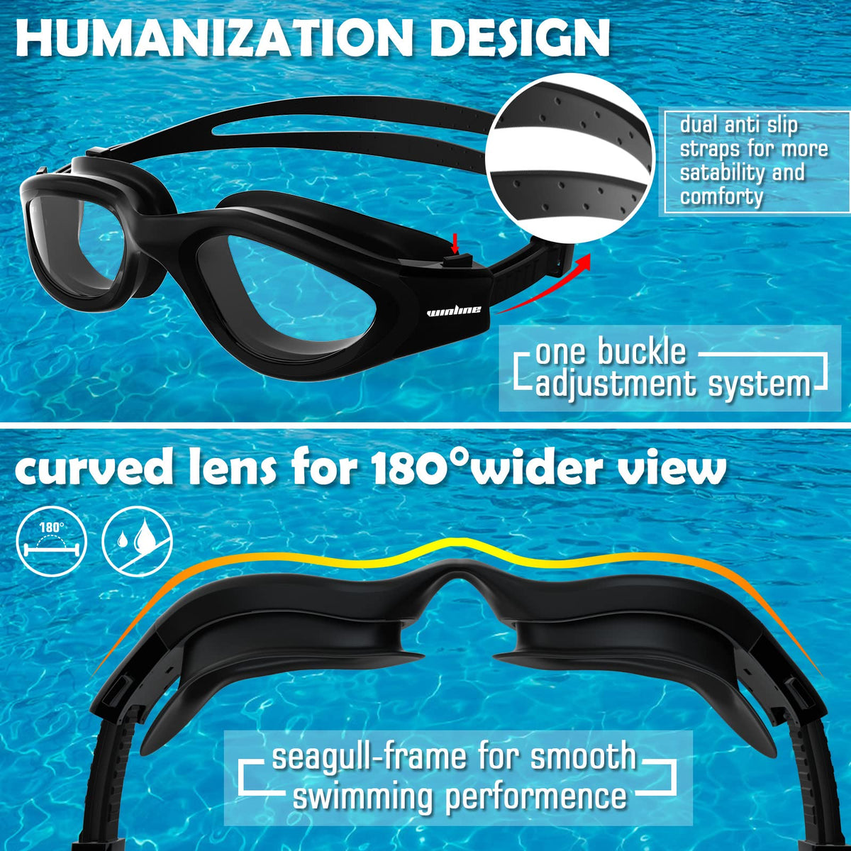 Winline Adult Swimming Goggles,Open Water Goggles Swimming Anti Fog UV Protection No Leakage Clear Vision Easy to Adjust for Adults Men Women Teenagers