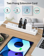 6FT Surge Protector Power Strip, 1700J, 5AC&1A2C, Flat Plug Extension Cord