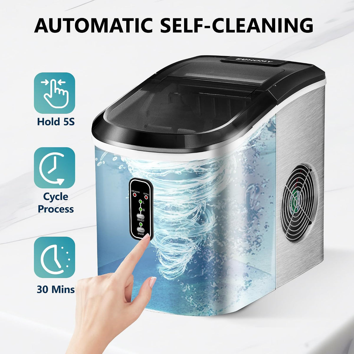 EUHOMY Ice Maker Countertop, 9 Cubes Ready in 6 Mins, 26lbs/24H, Self-Cleaning, Portable Ice Maker Machine with Carry Handle, Basket and Scoop, 2 Sizes of Bullet Ice for Home, Kitchen, Office