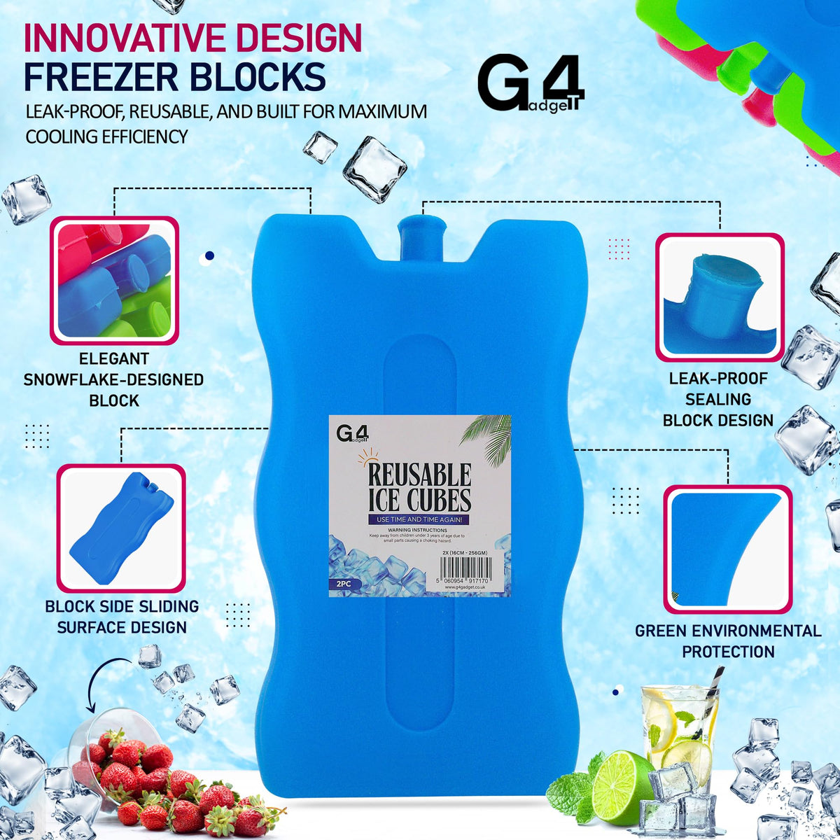 G4GADGET 16cm Freezer Blocks – Pack of 4 – Long-Lasting Reusable Ice Packs for Coolers, Picnic Bags, Travel & Outdoor Adventures – Ideal for Beach & Hiking Trips