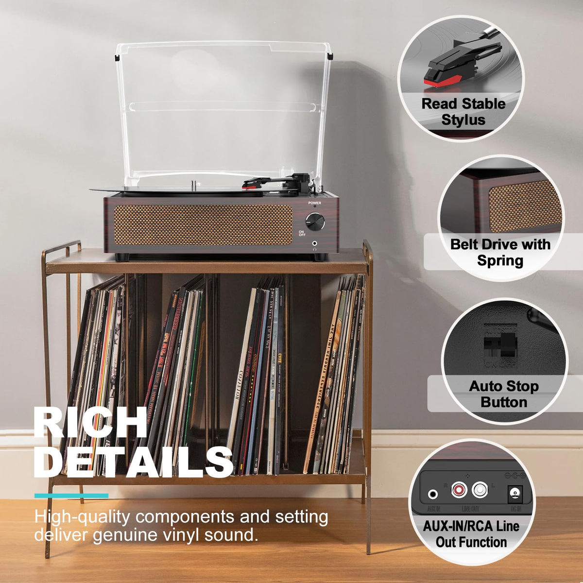 Seasonlife® Retro Vinyl Record Player with Stereo Speakers,Walnut Brown