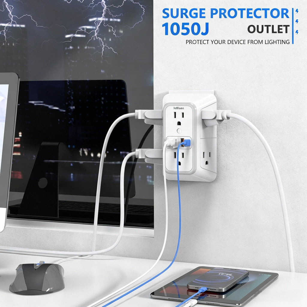 3 Pack Surge Protector Outlet Extender, 6 Outlet Splitter with 4 USB Ports (2 USB C), Multi Plug Wall Outlet 1050J Power Strip, USB Wall Charger for Home Office Kitchen Travel-ETL