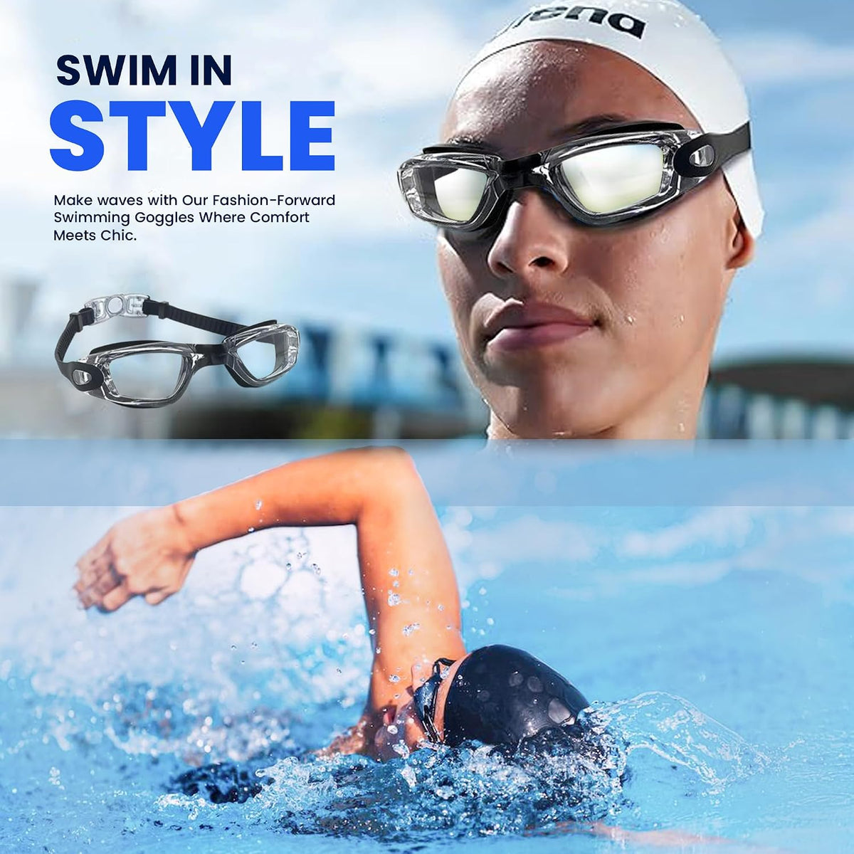 Swimming Goggles Pack of 1, Anti-Fog Googles Swimming Adults, Anti-Leak UV Protection Crystal Clear Vision with Free Protection Case, Nose Clips & Earplus Suitable for Adults & Kids