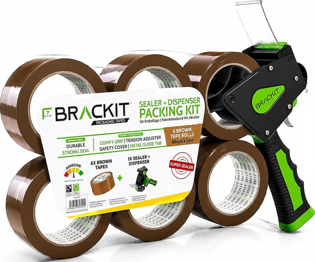 brackit Tape Gun Dispenser with 6 Brown Packing Tape Rolls 48mm x 66m