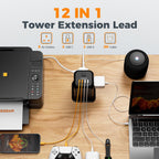 TESSAN 8 Way Black Tower Extension Lead 2M with 4 USB Slots (2 USB C)