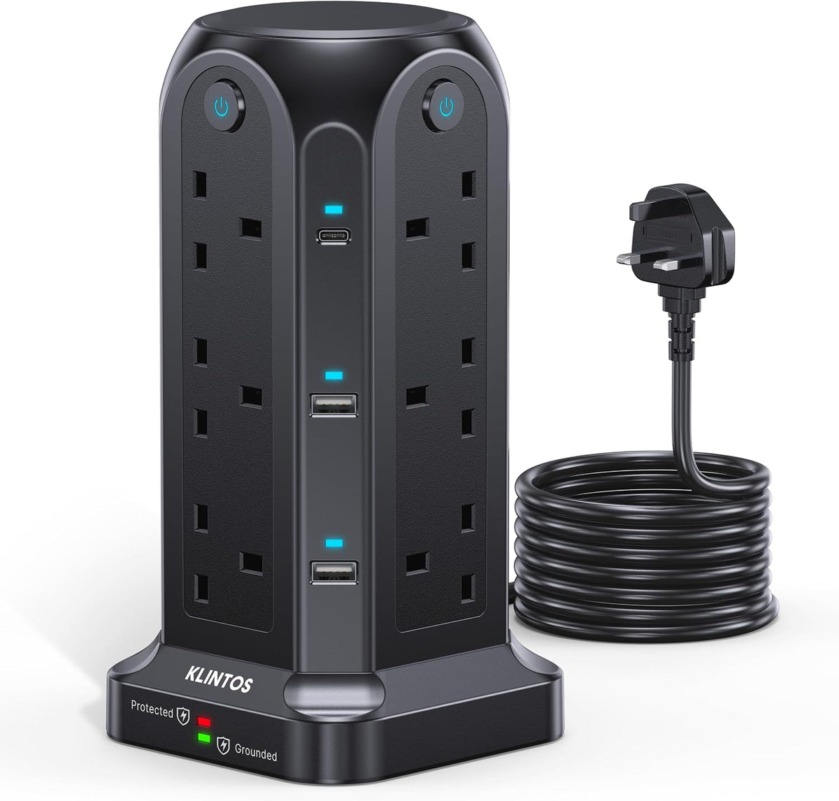 Tower Extension Lead 2M, 12 Way, 6 USB, 4 Independent Switches
