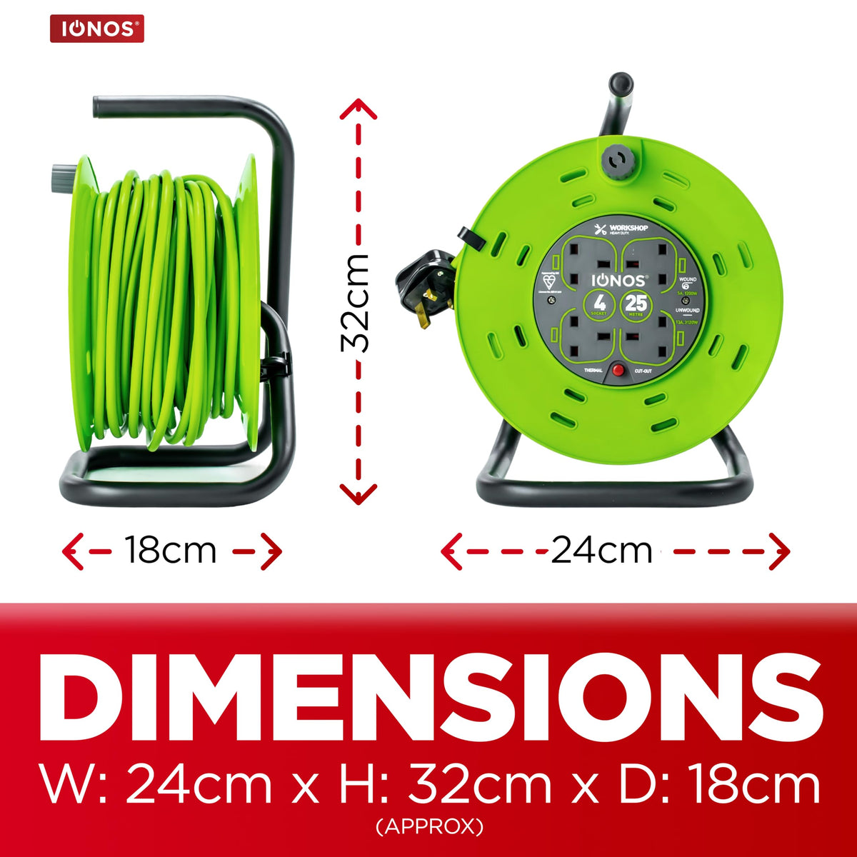 STATUS 2 Socket Cable Reel,10m Green Outdoor Extension Lead, Heavy Duty, 13 Amp, Thermal Cut Out Overload Protection, Ideal for Garden Power Tools,DIY Use, Workshop (S13A10MCR3)