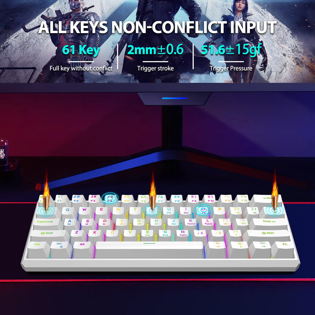 Snpurdiri 60% Wired Mechanical Gaming Keyboard, Ice Blue LED Backlit 61 Keys Mini Wired Office Keyboard for Windows Laptop PC Mac (Black-White, Red Switches)
